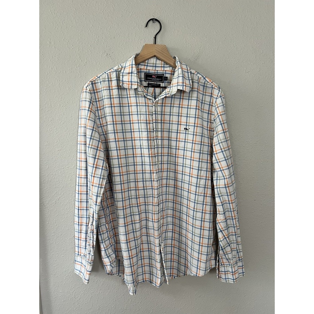 Vineyard Vines Men's Slim Fit Whale Shirt Blue Orange Green Plaid Poplin Sz L